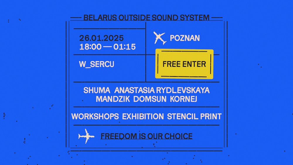 Афиша синхронного фестиваля солидарности и культуры Belarus Outside Sound System, который пройдет в Познани. 