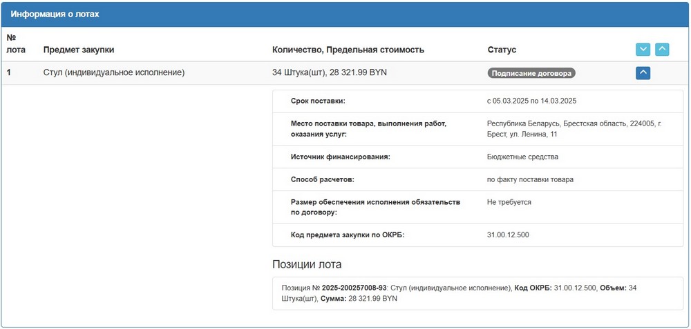 Тендер Брестского облисполкома на стулья по индивидуальному заказу. Скриншот сайта госзакупок