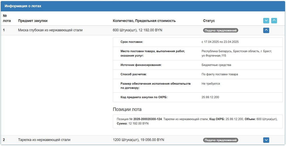 Тендер Брестского горисполкома на миски и тарелки из нержавеющей стали. Скриншот сайта госзакупок