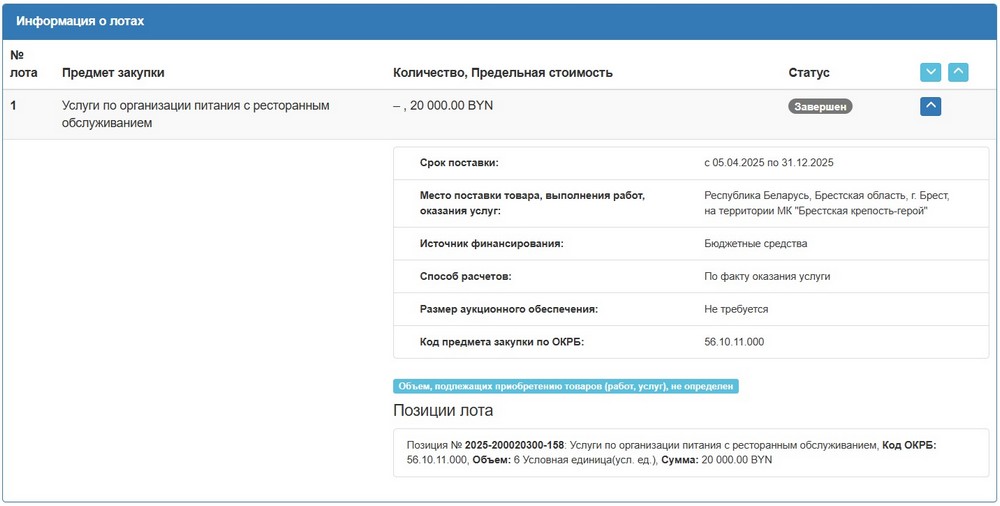 Тендер Брестского горисполкома на питание в Брестской крепости. Скриншот сайта госзакупок