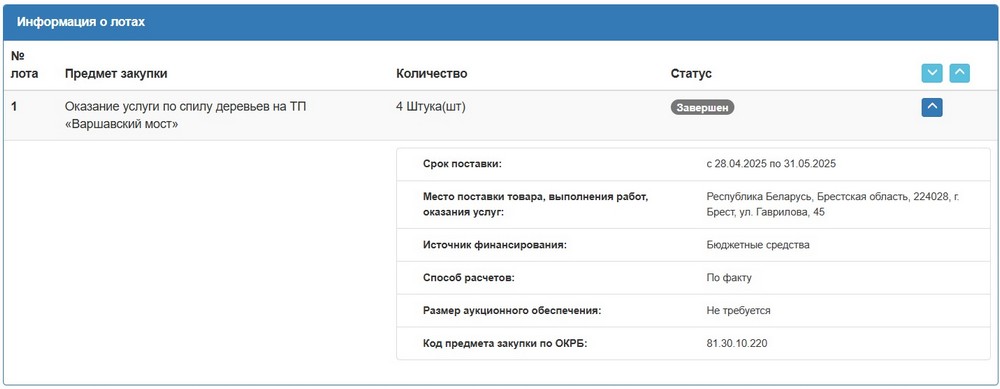 Тендер Брестской таможни на спил (кронирование) деревьев. Скриншот сайта госзакупок