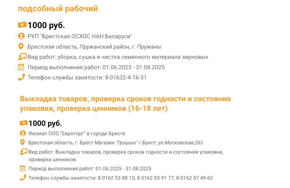 Скриншот с вакансиями для несовершеннолетних с сайта Государственной службы занятости.