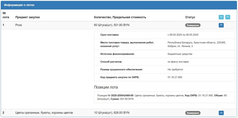 Тендер Кобринского райисполкома на цветы. Скриншот сайта госзакупок