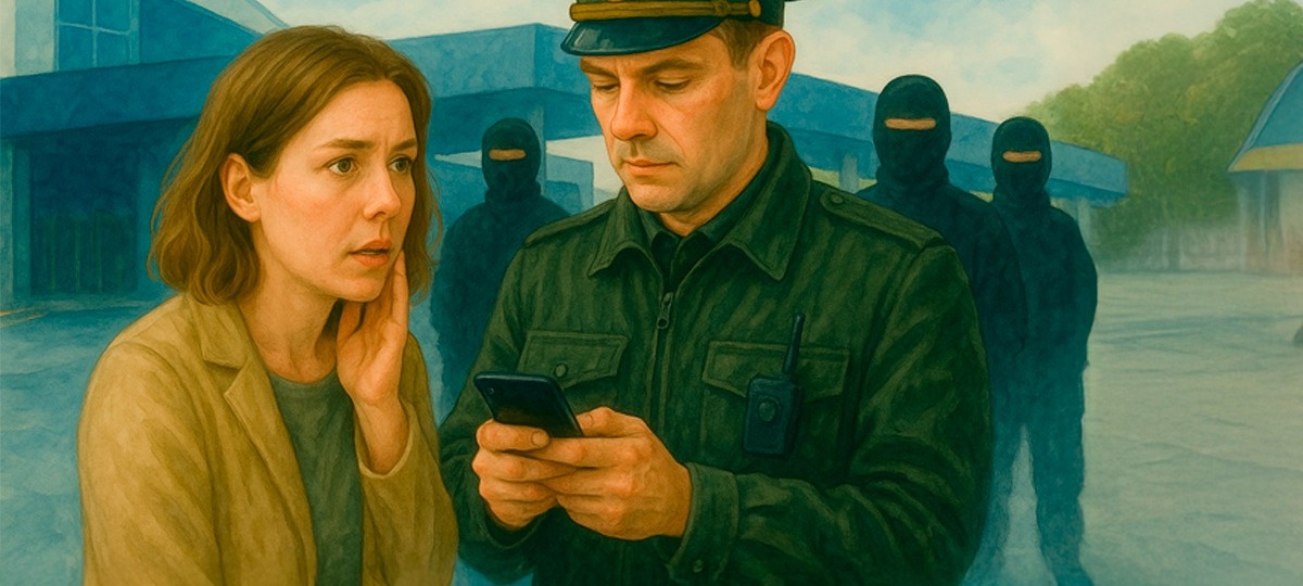 Пограничник проверяет телефон девушки на границе Беларуси. Иллюстрация BGmedia, созданная при помощи ИИ