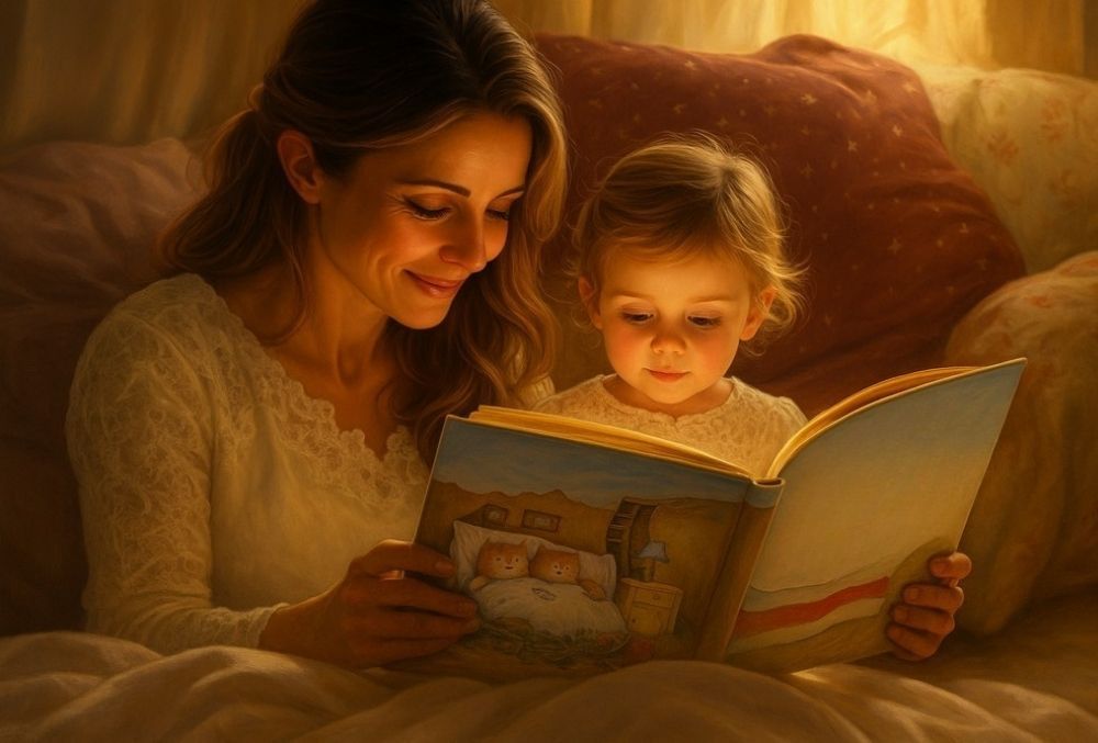 Женщина с дочкой читают книгу