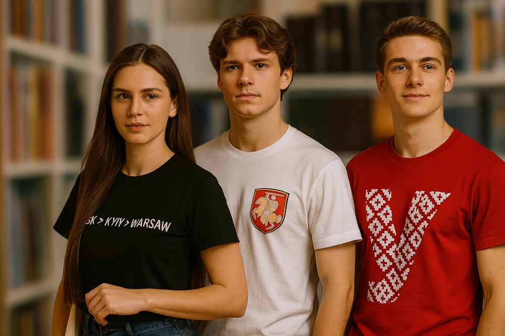 Дзяўчына і двое маладых мужчын, апранутыя у цішоткі з беларускай сімволікай, стаяць у пакоі.