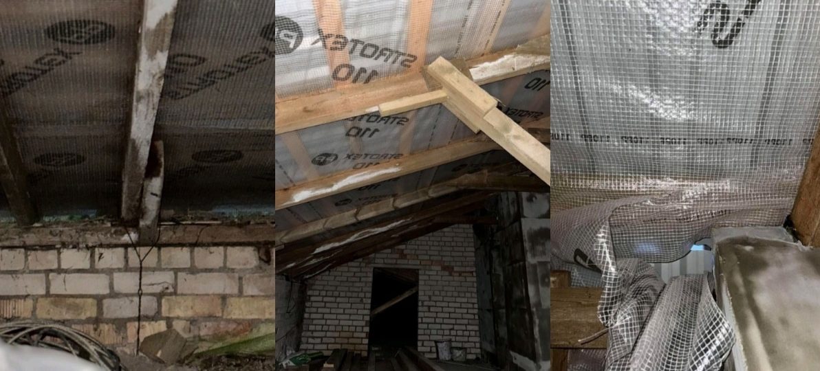 Гнілыя дошкі на даху ў цагляным доме