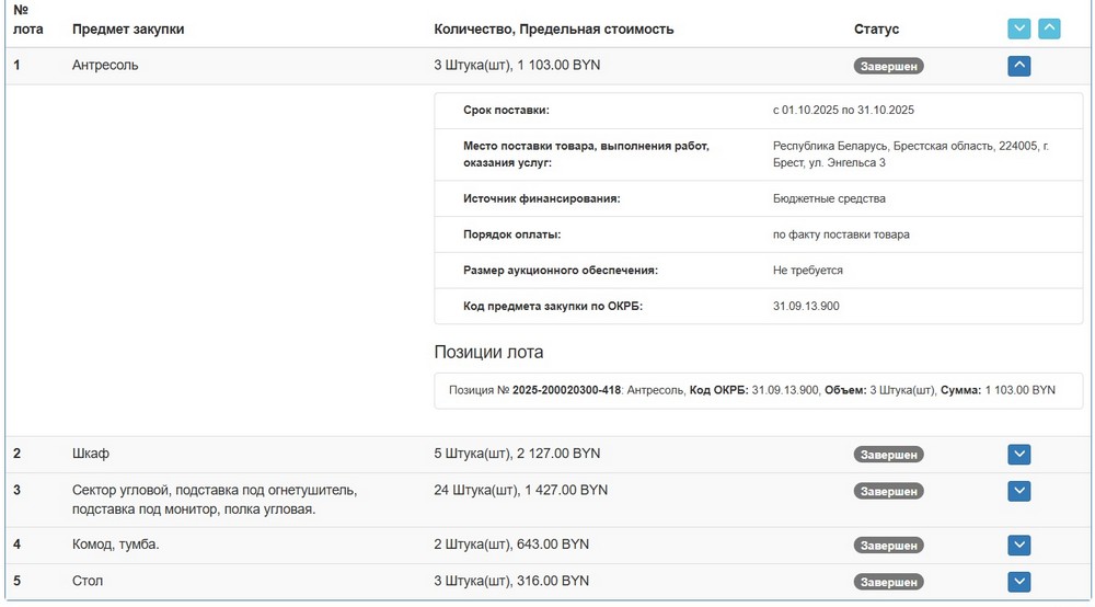 Тендер Брестского горисполкома на мебель по индивидуальному заказу. Скриншот сайта госзакупок
