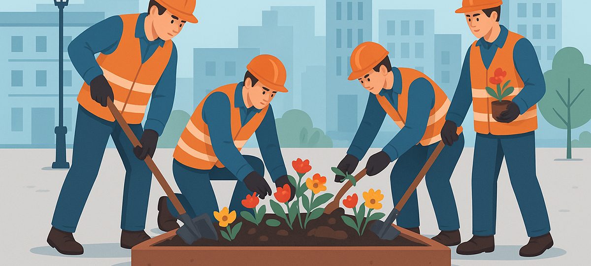 камунальшчыкі выкопваюць кветкі з клумбаў