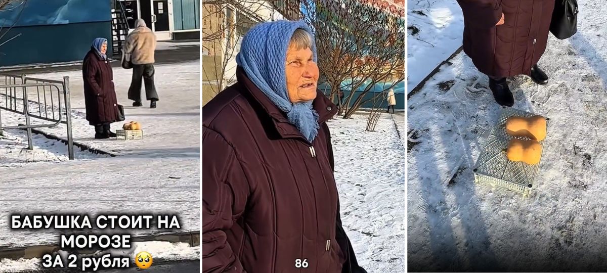 Бабушка Тася продает на морозе в Бресте тыквы. Коллаж BGmedia