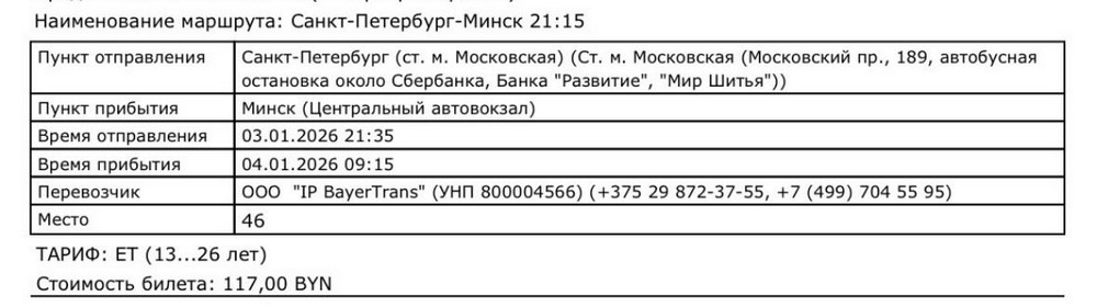 Скриншот билета беларуски, которая не села в автобус в Санкт-Петербурге