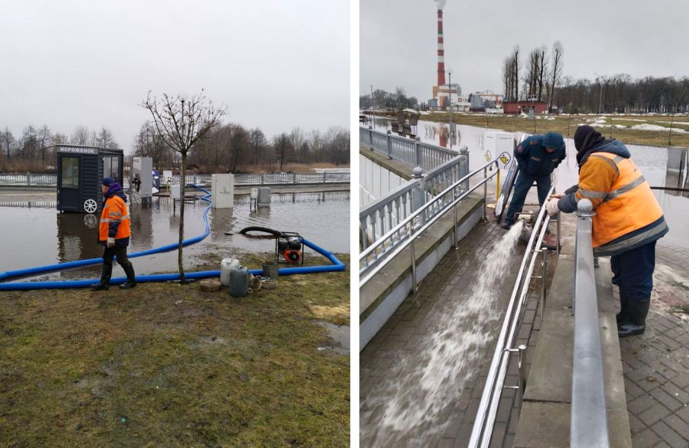 Коммунальщики откачивают воду на набережной Бреста.